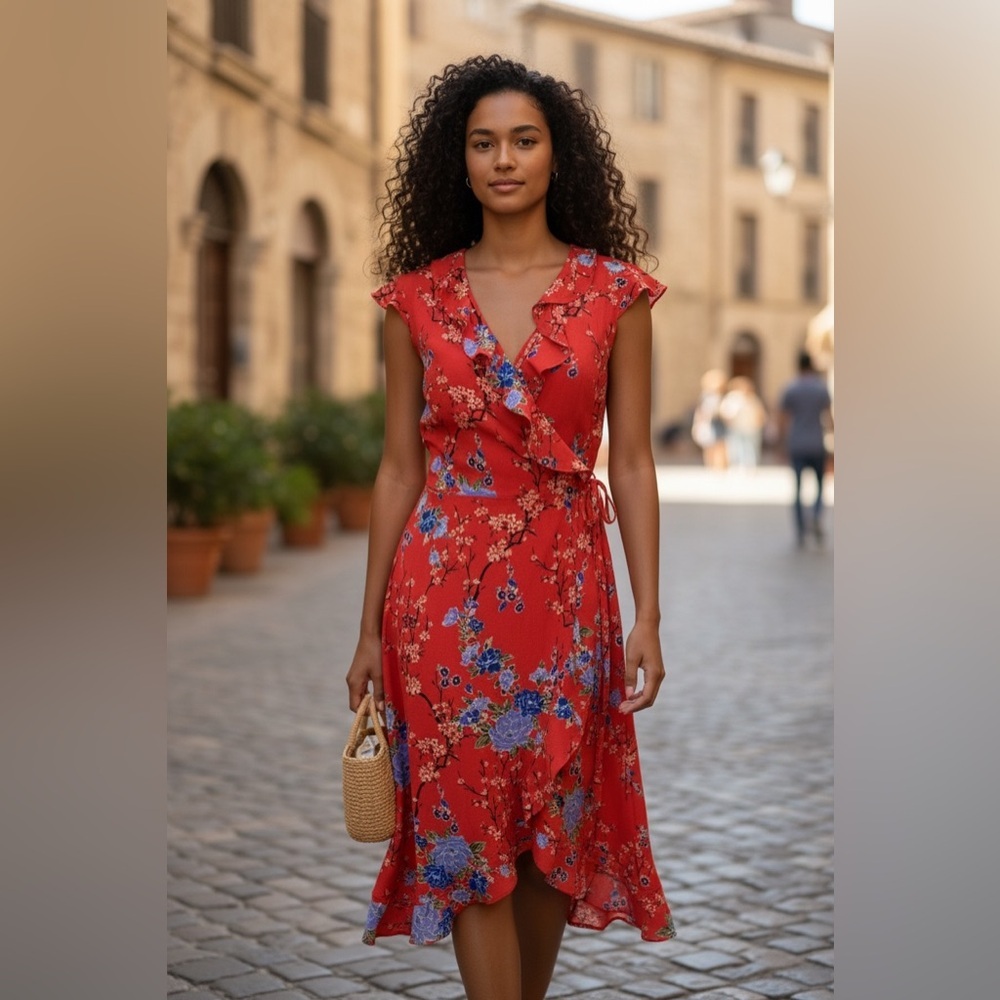 Magnolia Skye Women’s High Low Ruffle Wrap Floral Dress, size M